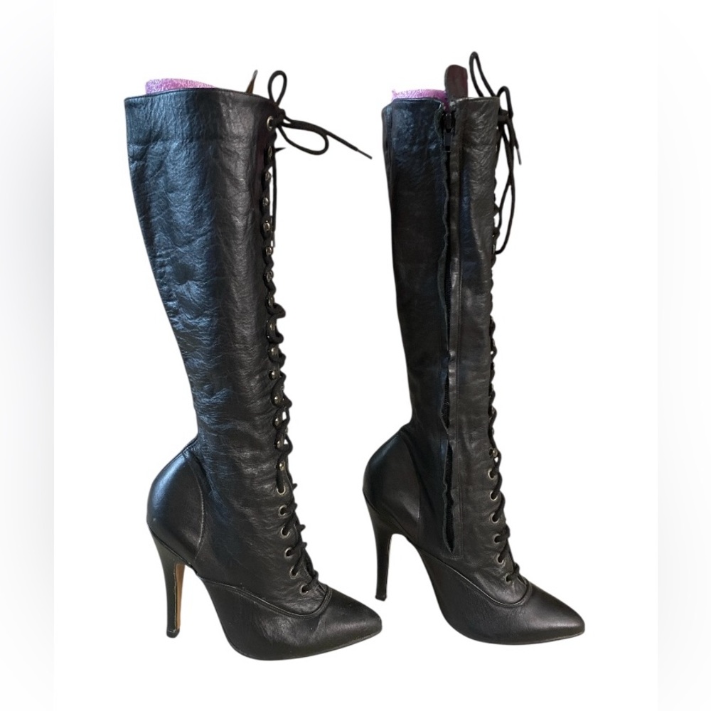 Rare Gothic Vintage Stiletto Knee-high Black Leather Zipper lace-up Boots, US 4